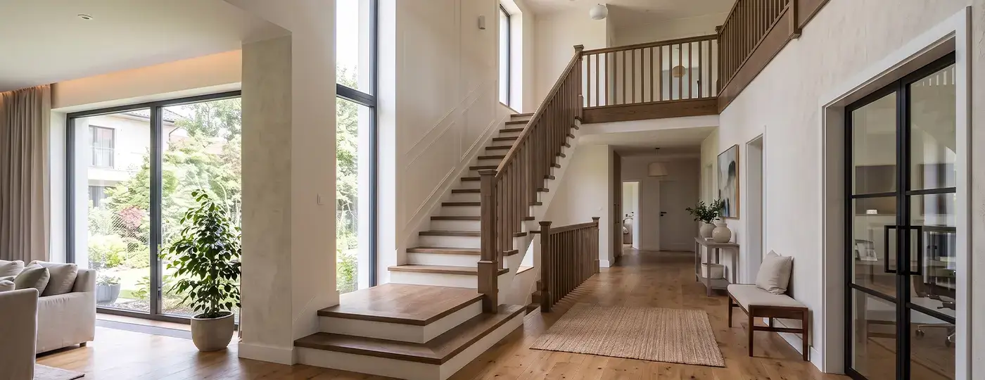 Klassisches Interieur mit dunkler Treppe.