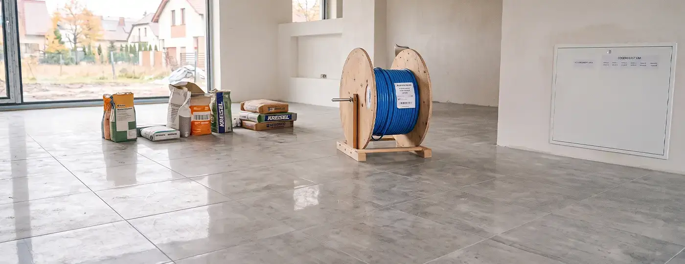 Fertiggestellter Innenbereich des Hauses mit glänzenden Bodenfliesen und Baumaterialien.