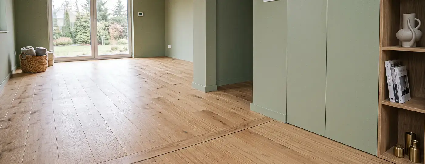 Heller Innenraum mit Holzboden, olivgrünen Wänden und Zugang zum Garten.