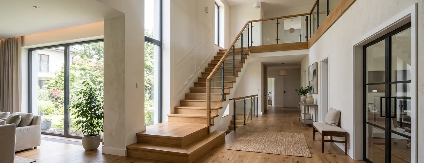 Heller Innenraum mit Holztreppe.