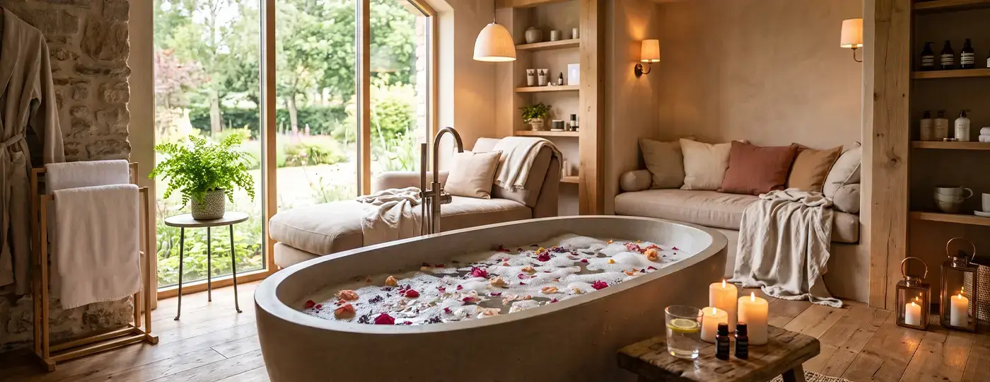 Rustikales Home-Spa mit freistehender Badewanne, Liege und Blick in den Garten.