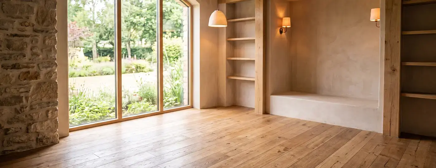 Leeres, rustikales Wohnzimmer mit Holzboden, Steinwand und großem Fenster zum Garten.