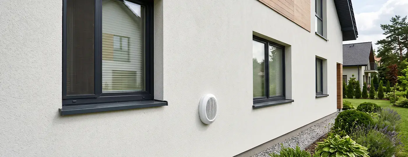Runde Lüftungsöffnung an der hellen Fassade eines Hauses.