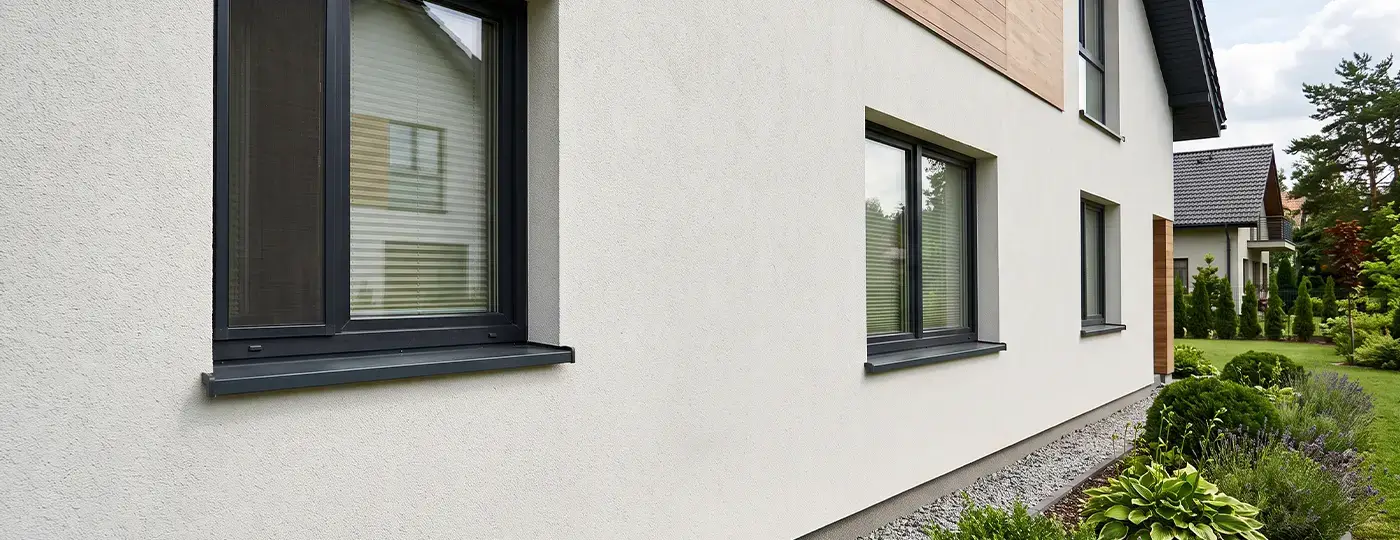 Helle Hausfassade ohne sichtbare Lüftungselemente.