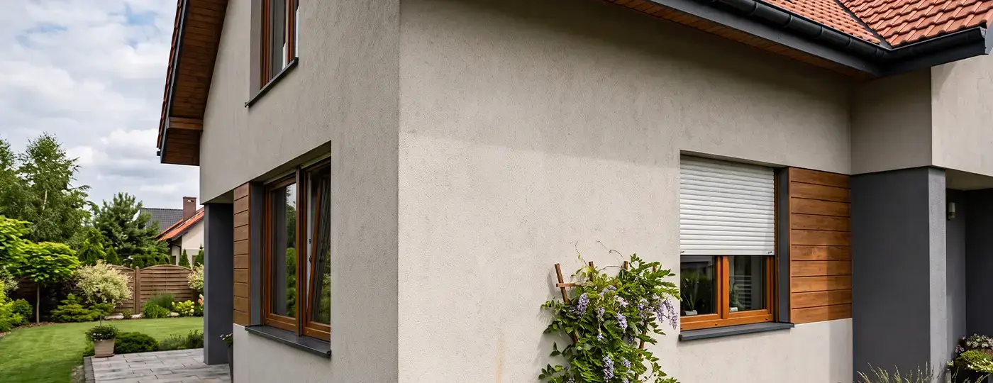 Helle Hausfassade mit Holzakzenten und Außenrollläden.