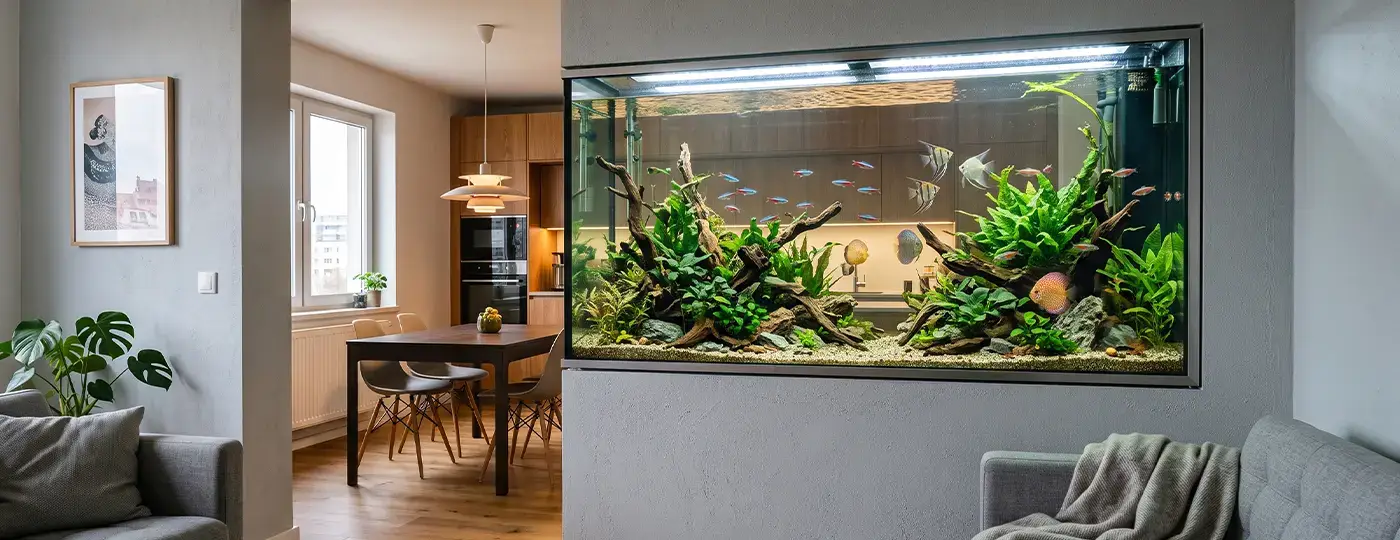 In eine graue Trennwand zwischen Wohn- und Esszimmer integriertes Süßwasseraquarium.