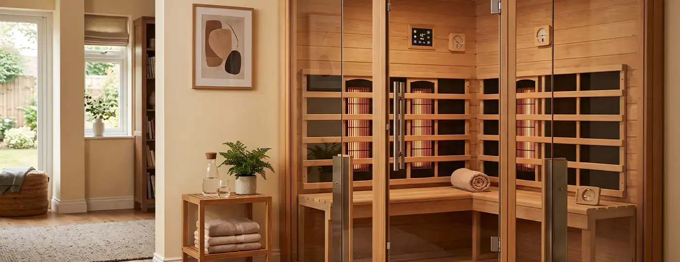 Moderne, verglaste Infrarotsauna aus hellem Holz, in der Ecke eines hellen Raums installiert.