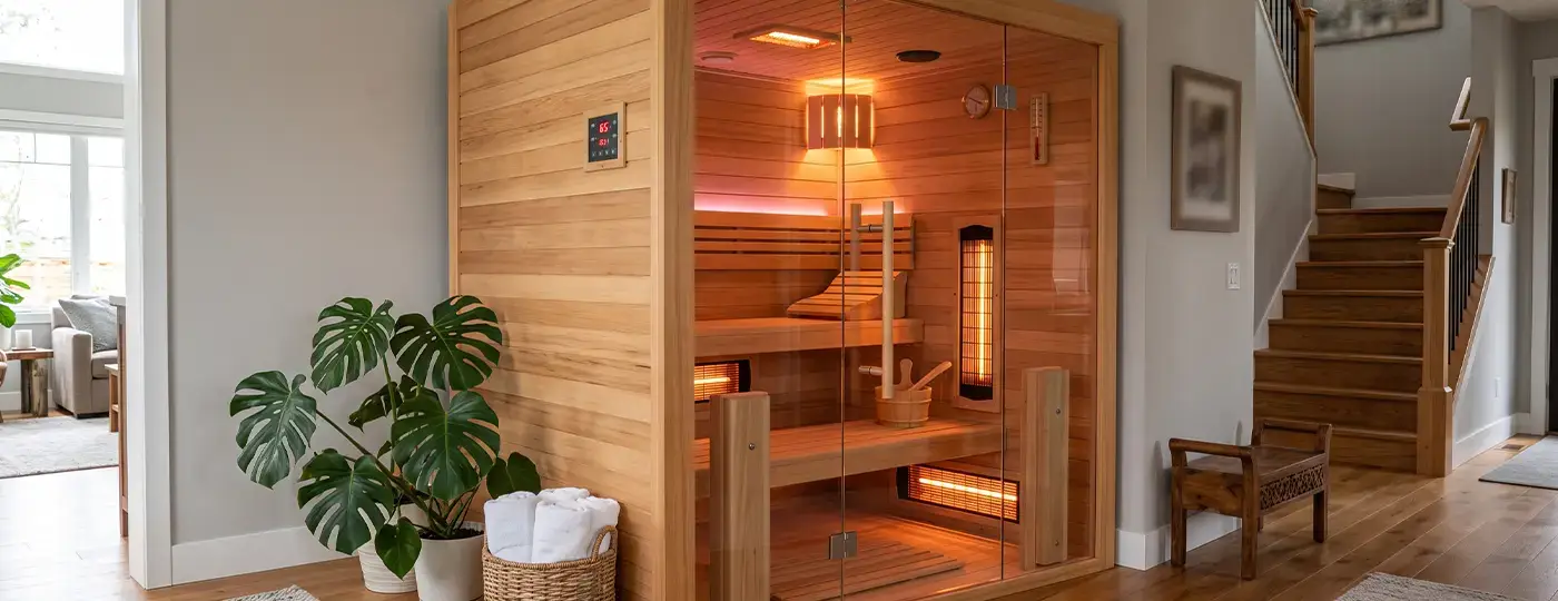 Moderne, verglaste Infrarotsauna aus hellem Holz, eingebaut in die Ecke des Flurs neben der Treppe.