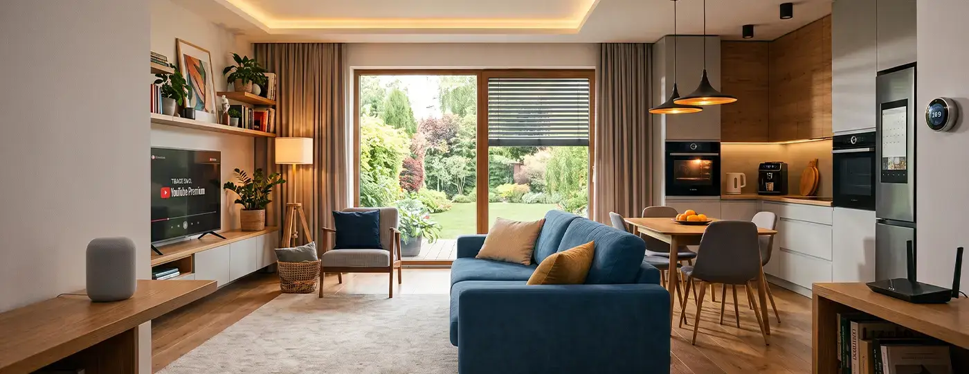 Helles Wohnzimmer mit Kochnische und Blick in den Garten durch das Terrassenfenster.