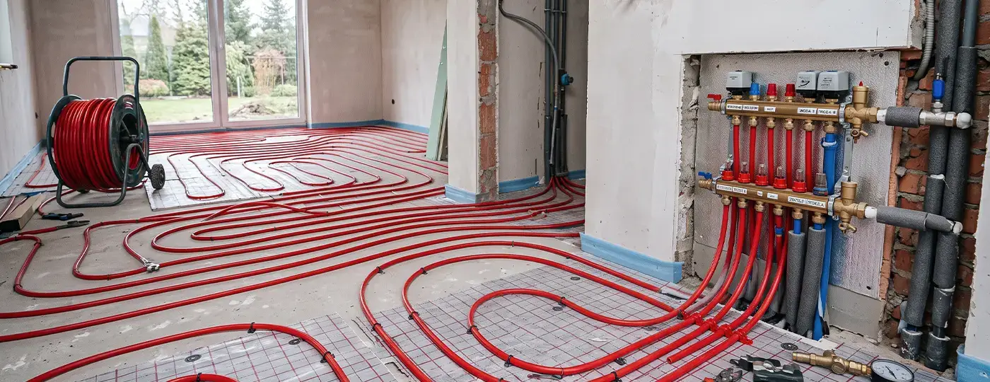 Montage der roten Fußbodenheizungsrohre, die an den Verteiler in einem Neubau angeschlossen sind.
