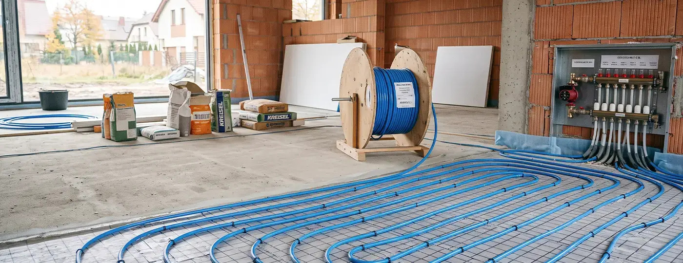 Blaue Fußbodenheizungsrohre, die im Rohbau an den Verteiler angeschlossen sind.