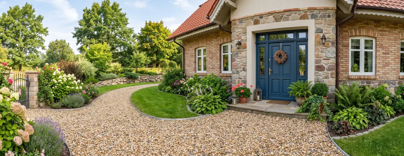 Traditionelles Haus inmitten von Grün. Vor dem Haus befindet sich eine gepflasterte Auffahrt.