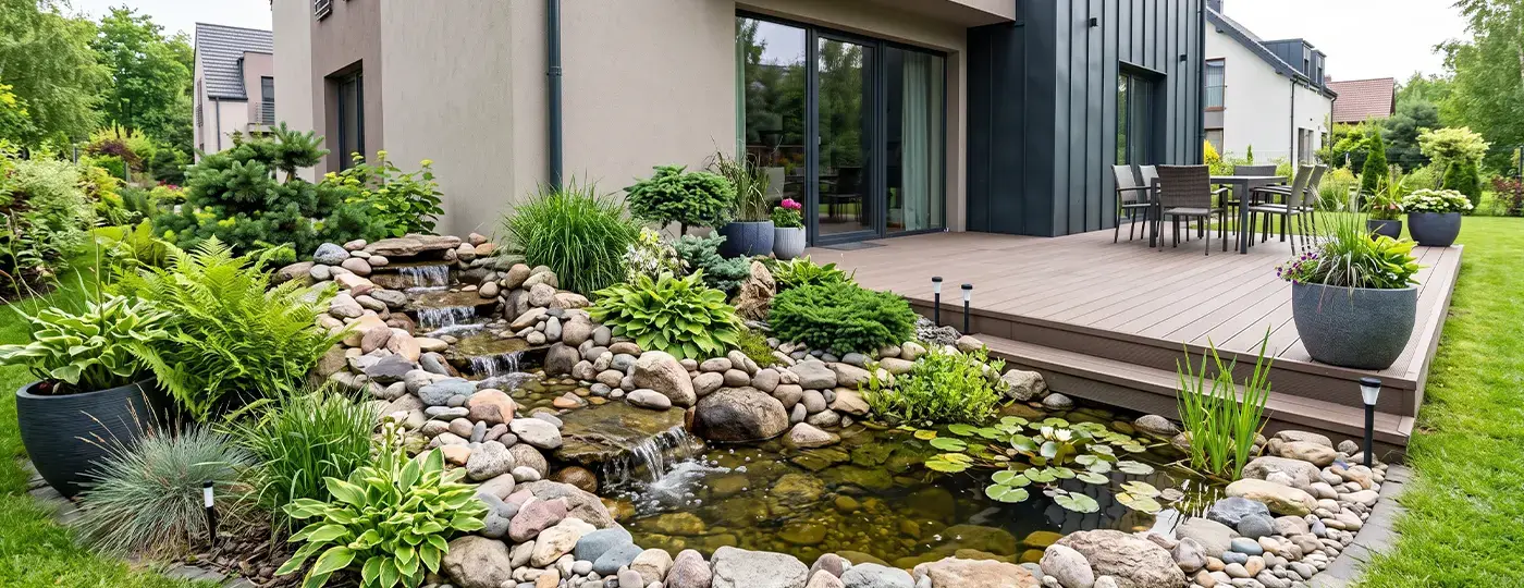Kleiner Wasserfall mit Teich an einer modernen Terrasse
