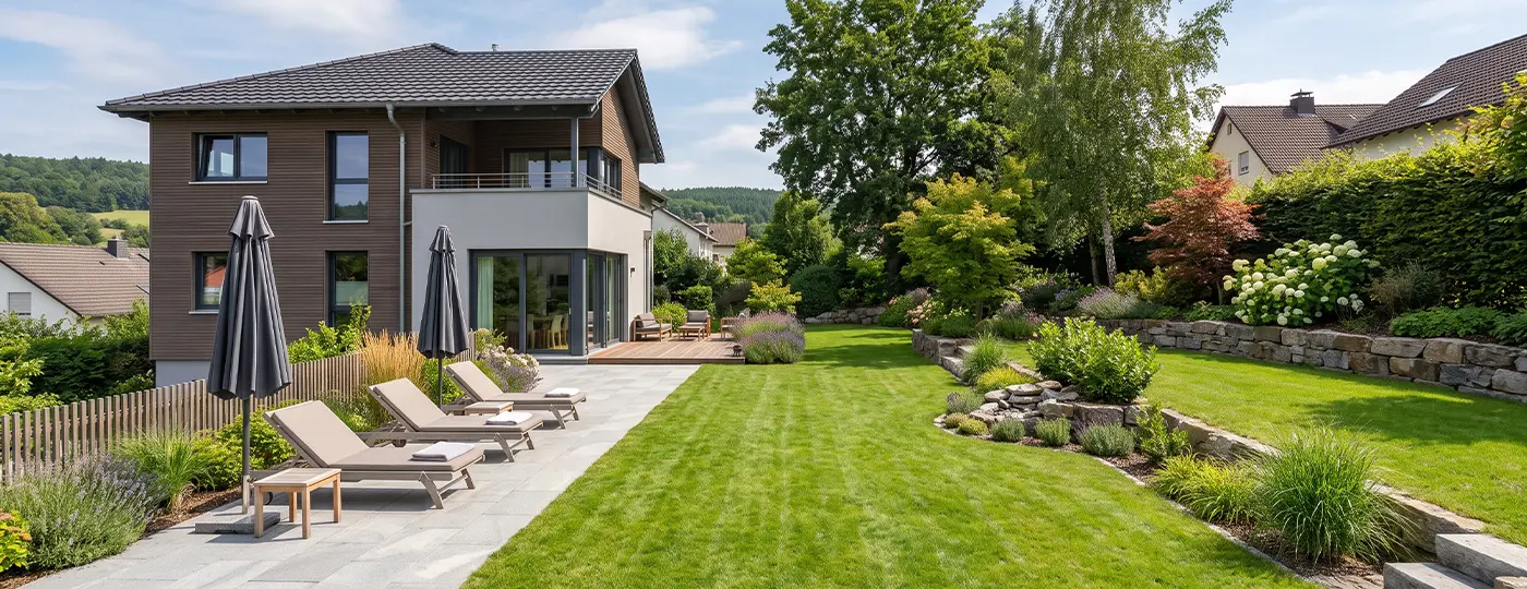 Liegestühle mit Sonnenschirmen auf der Gartenterrasse eines modernen Hauses