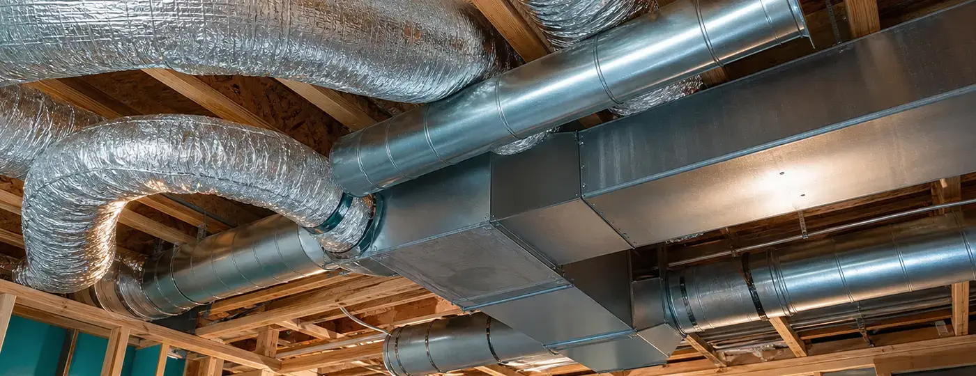 In der Holzdachkonstruktion installierte Lüftungskanäle und isolierte Flexrohre.