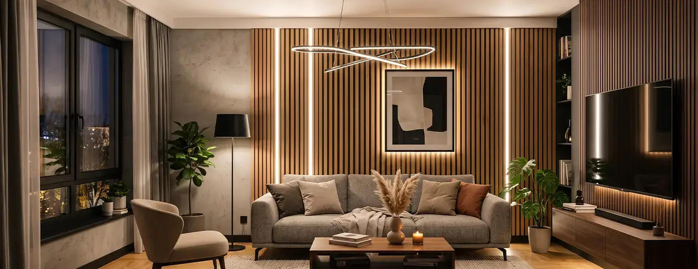 Modernes Wohnzimmer mit grauem Sofa, Holzlamellen mit LED-Beleuchtung und einer Designer-Pendelleuchte.