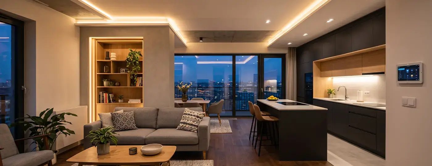 Modernes Apartment mit LED-Beleuchtung an der Decke, im Regal und unter den Schränken.