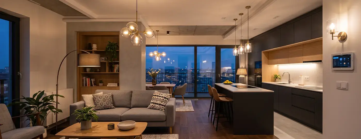 Stilvolles Apartment mit offener Küche und Hängeleuchten mit warmem Licht.