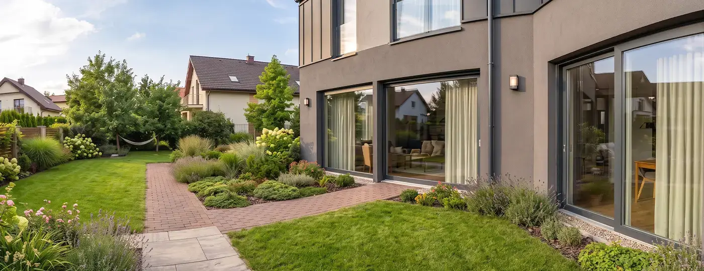 Modernes Haus mit großen Glasflächen und angelegtem Garten.