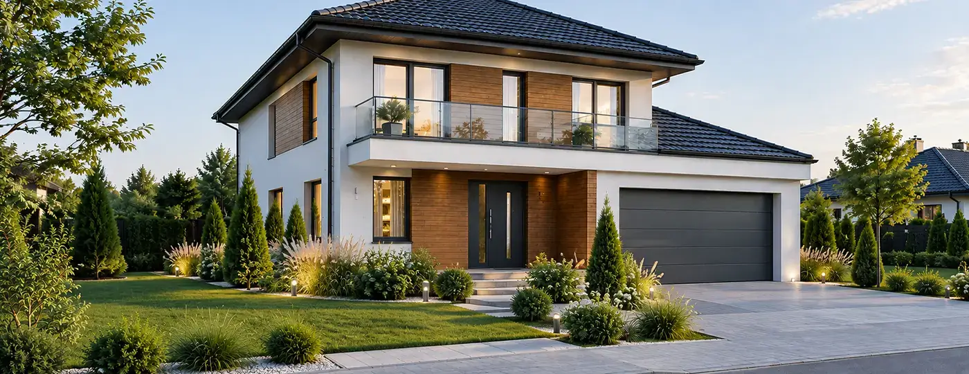 Modernes Einfamilienhaus mit gepflegtem Garten.