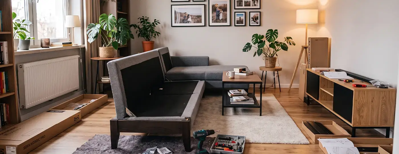 Montage eines grauen Sofas und eines TV-Schranks im Wohnzimmer, umgeben von geöffneten Kartons und Werkzeugen.