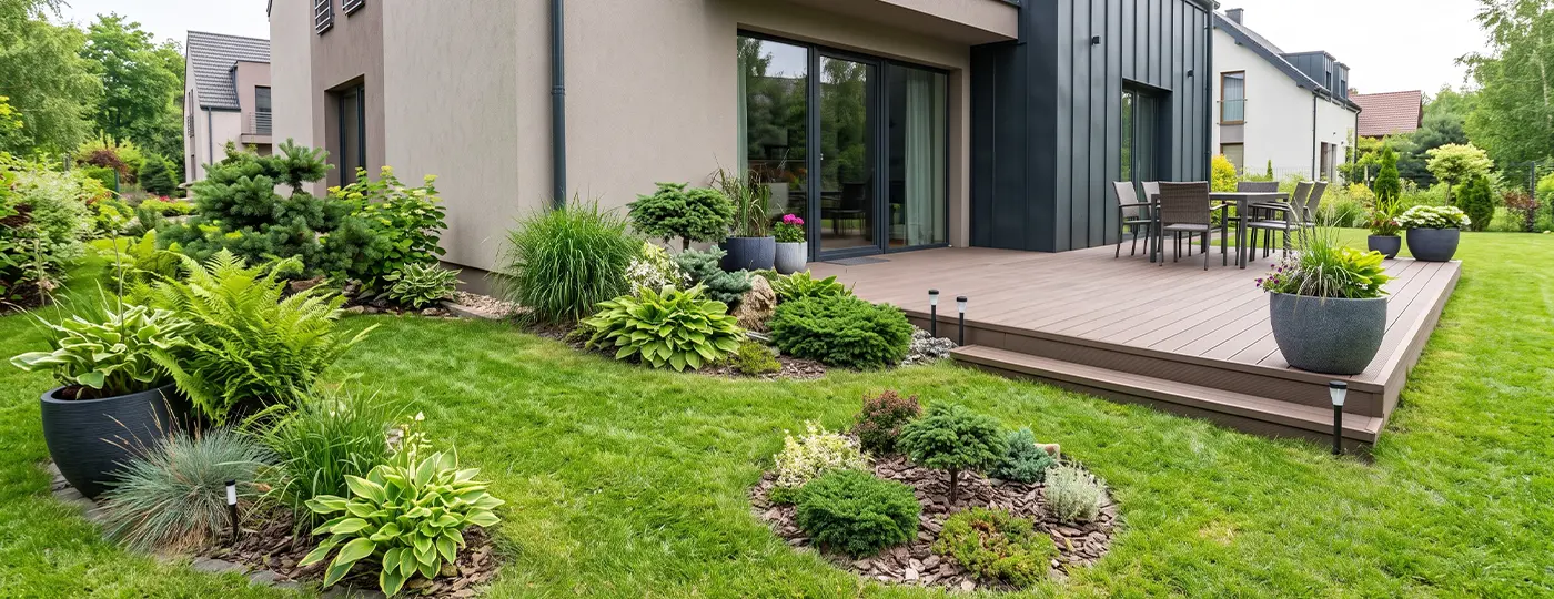 Moderner Terrassenbereich mit Pflanzenbeeten und Rasenfläche