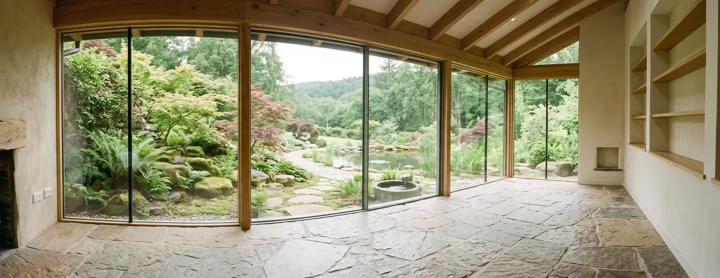 Ein heller Raum mit Steinboden und Panoramafenstern, die auf einen japanischen Garten mit Teich blicken.
