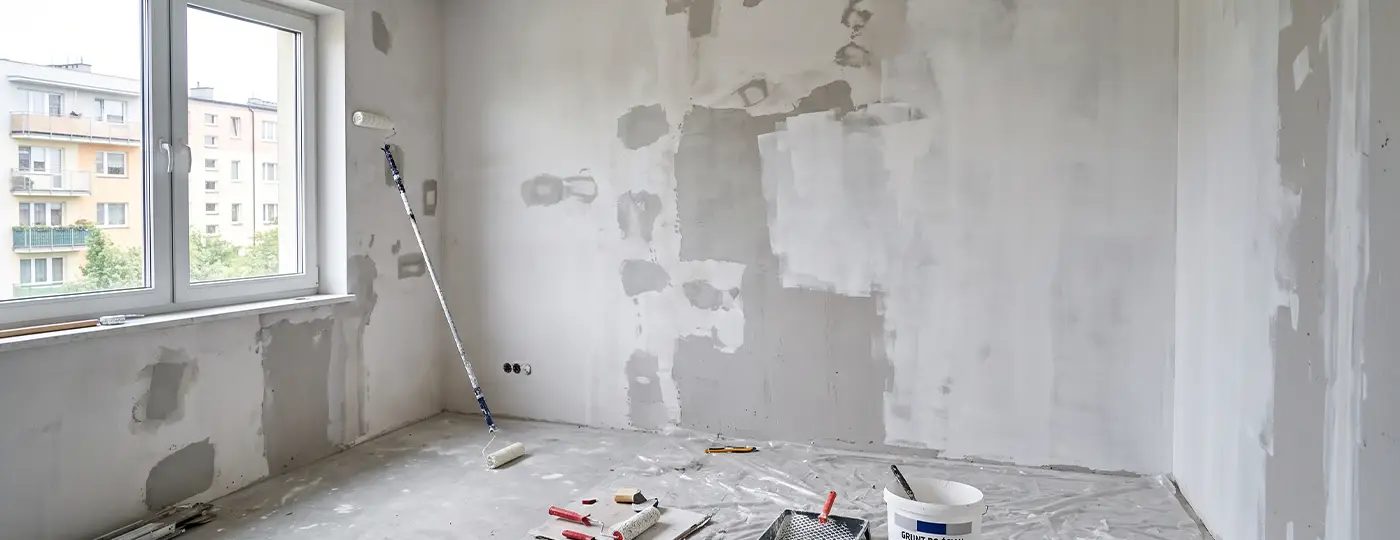 Grundierte Wände in einem leeren Zimmer mit Farbrolle und Malerzubehör.