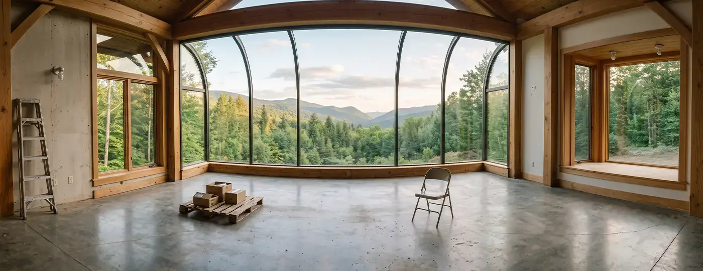Ein geräumiger, puristischer Innenraum mit Panoramafenstern und Blick auf die grünen Hügel.