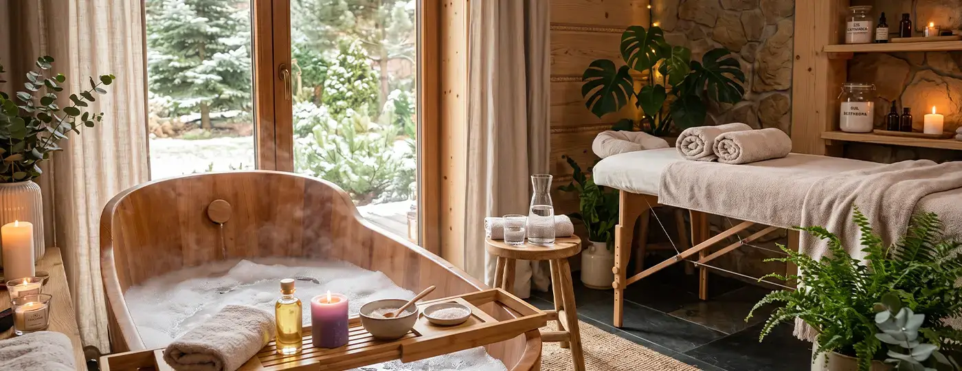 Privater Wellnessbereich aus Holz mit Badezuber, Massagetisch und Blick auf den Wintergarten.