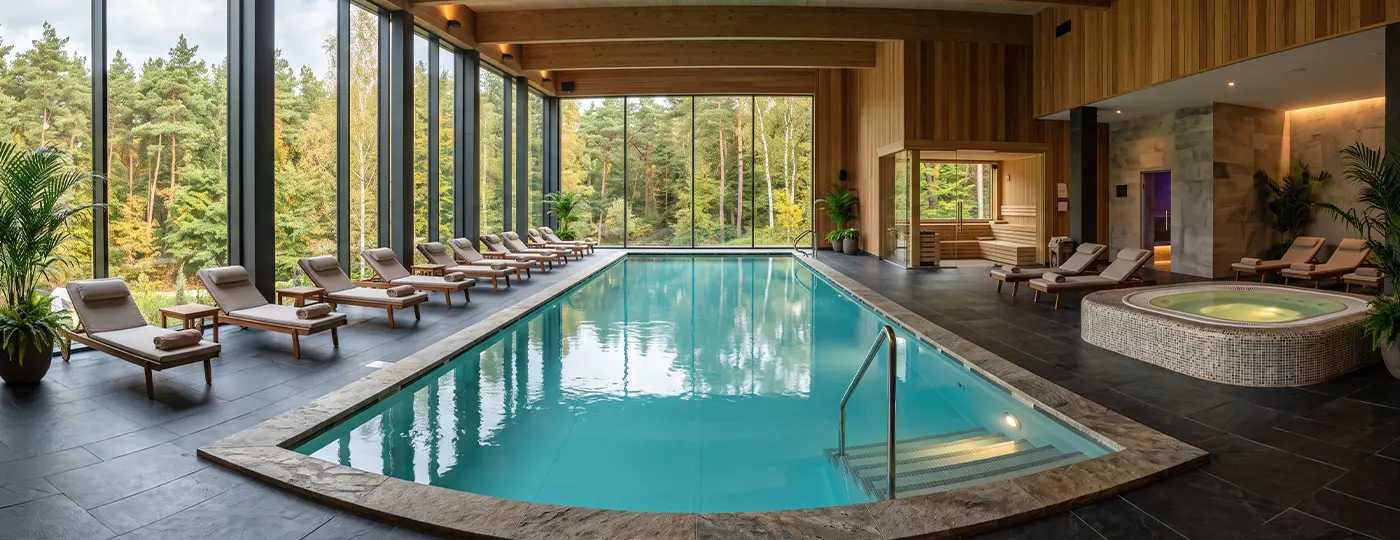Geräumiger Wellnessbereich mit Innenpool, Sauna, Whirlpool und Liegen am Fenster mit Blick auf den Wald.