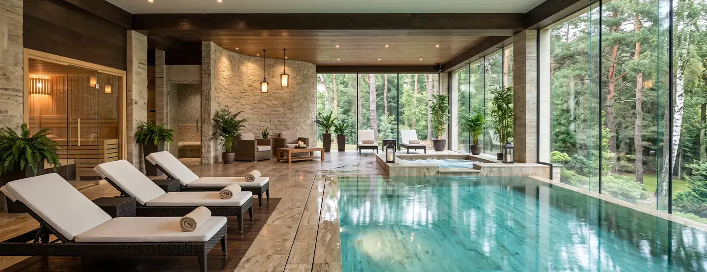 Spa-Bereich mit Pool, Sauna und Liegen mit Blick auf den Wald.