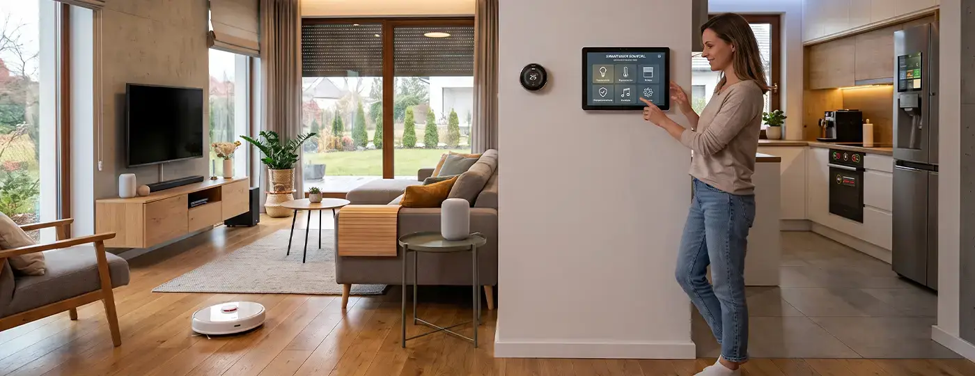 Eine Frau startet einen Saugroboter über ein Smart-Home-Wandpanel.