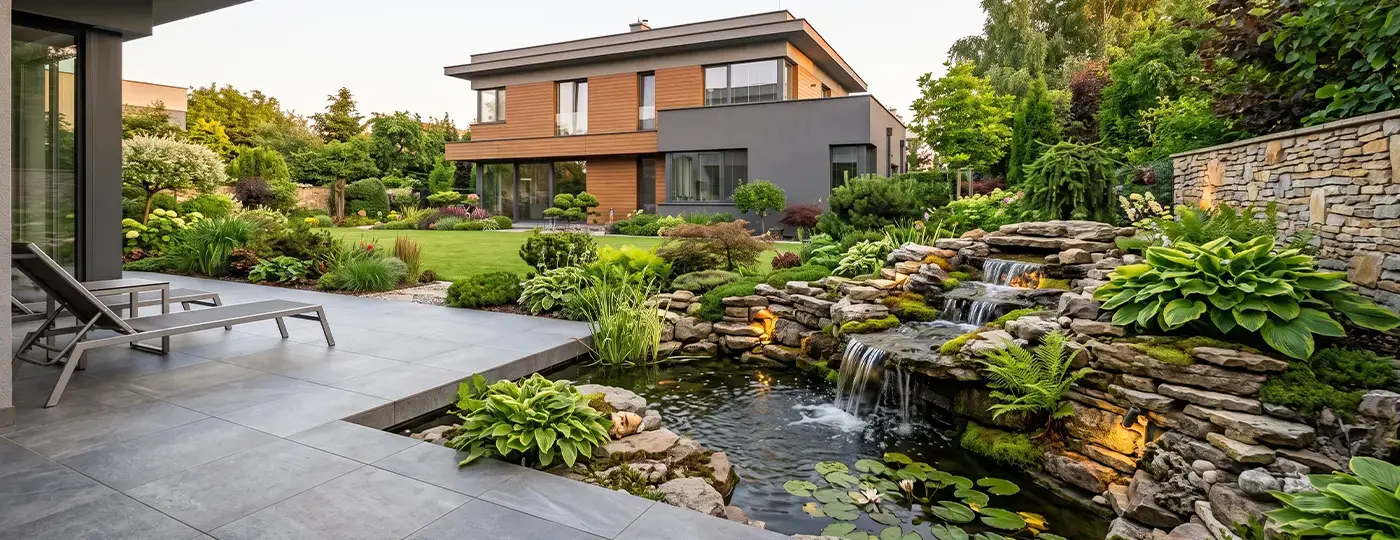 Steinwasserfall und Gartenteich an einer modernen Terrasse