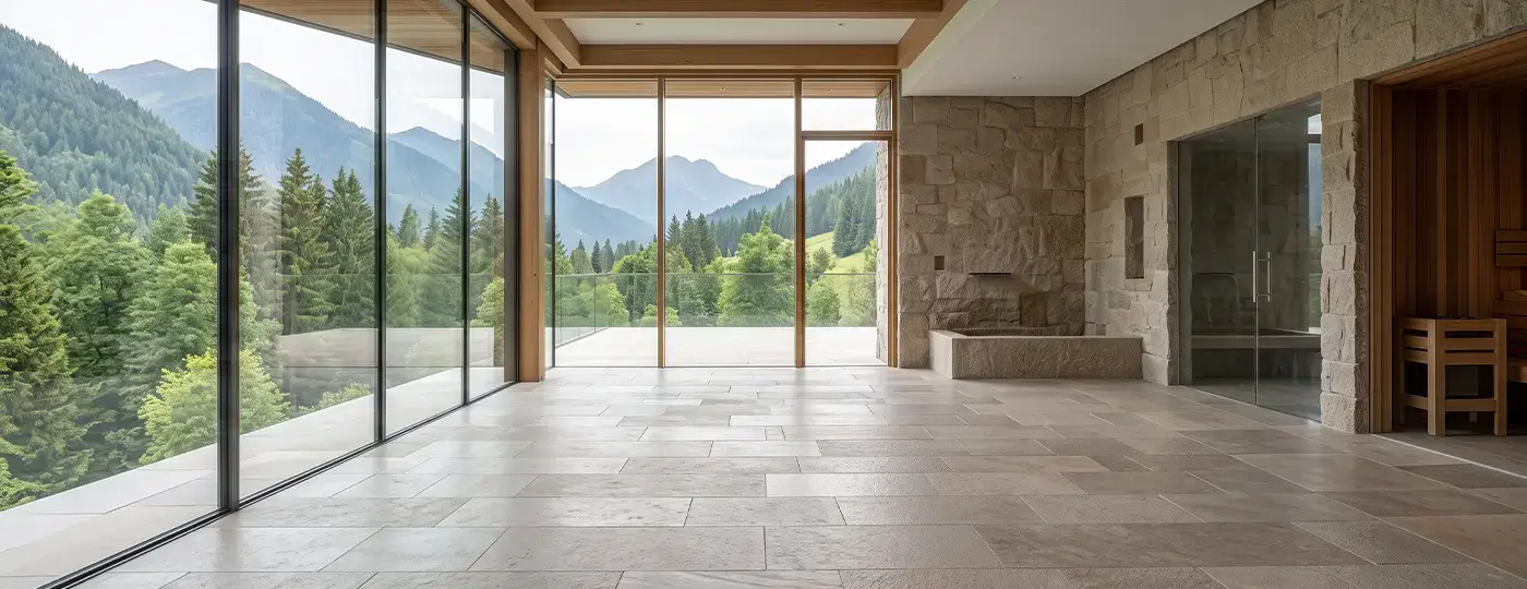 Leerer Wellnessbereich mit Glasfronten zum Blick auf die Berge.