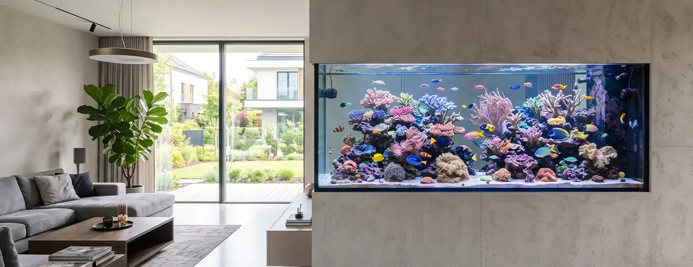 Meerwasseraquarium in der hellen Betonwand des Wohnzimmers