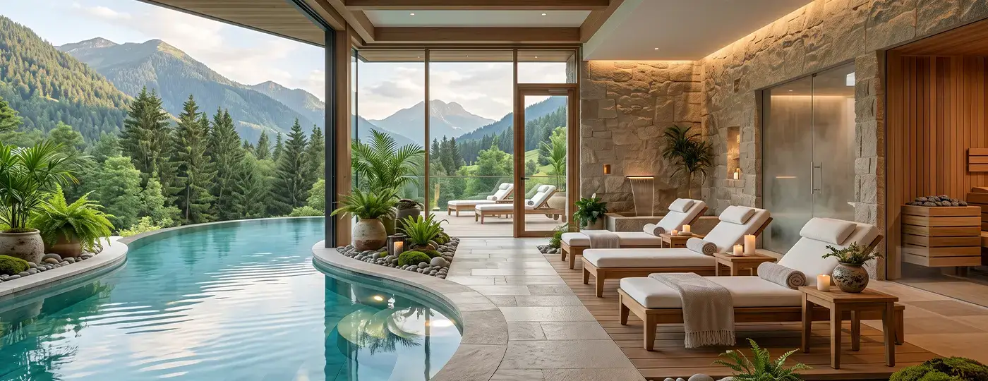 Spa-Bereich mit Pool und Bergblick.