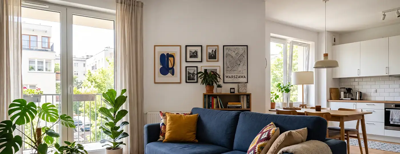 Helle, moderne Wohnung mit blauem Sofa, offener Küche und Zugang zum Balkon.